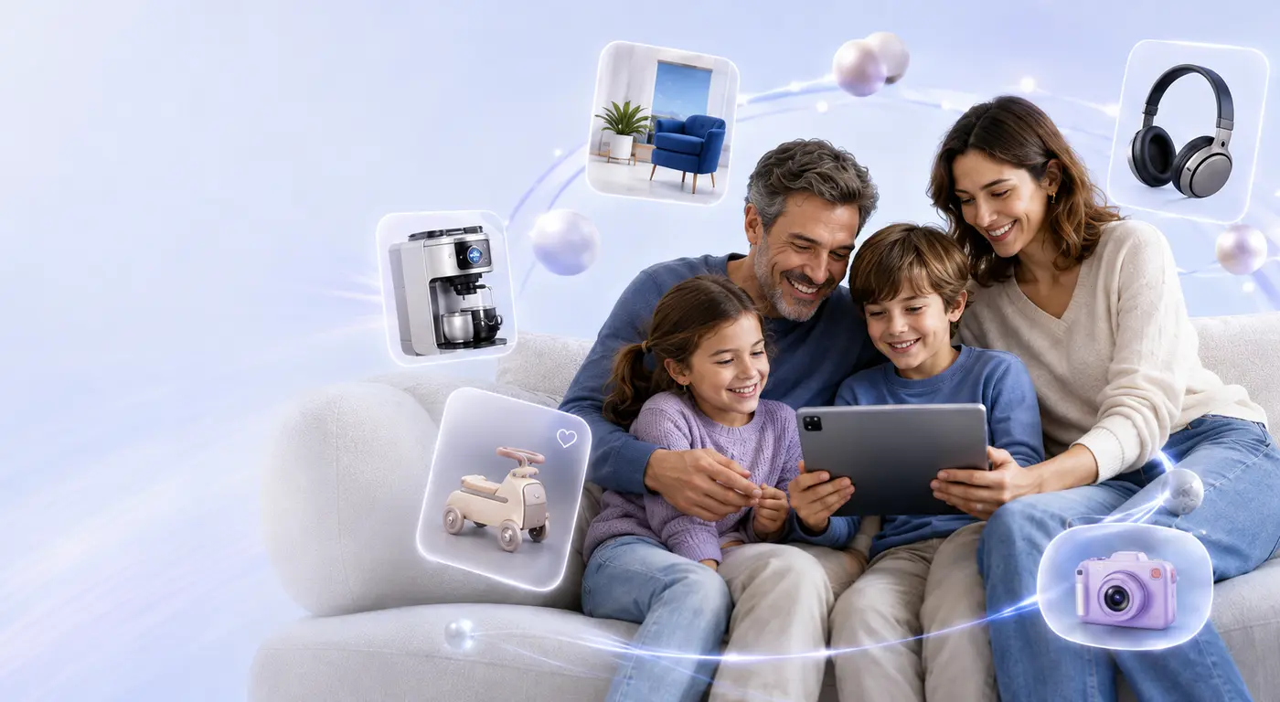 Familie vergleicht Produkte auf AVITO.EU